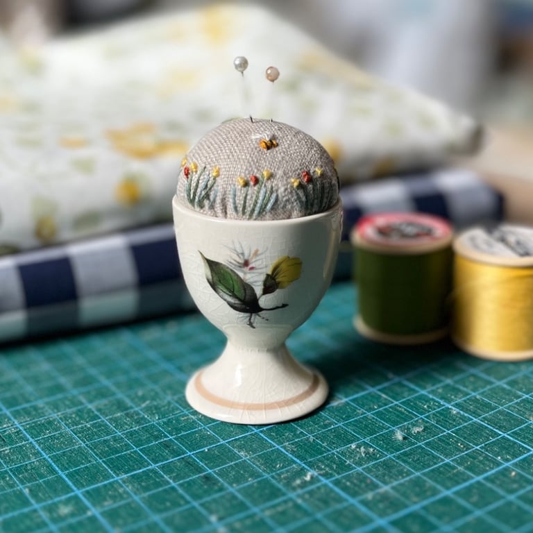 Pin cushion - yellow rose bud vintage egg cup - embroidered with bee and flowers