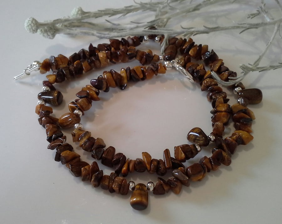 Tiger's Eye Gemstone Nugget & Drops Necklace Silver Plated