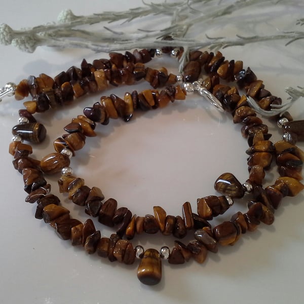 Tiger's Eye Gemstone Nugget & Drops Necklace Silver Plated