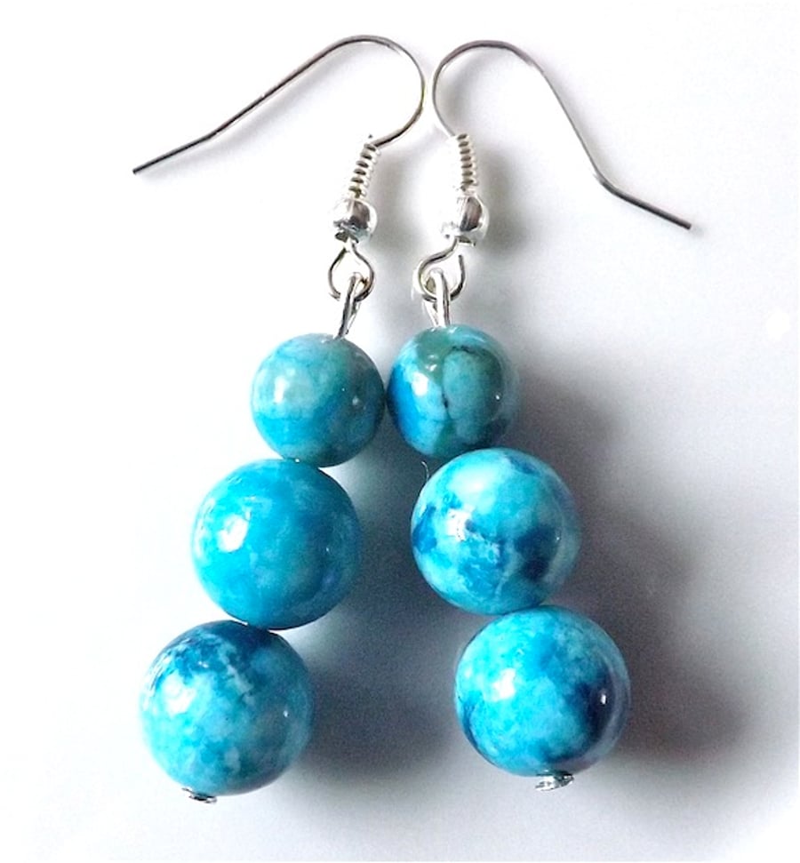 Earrings for pierced ears, exquisite blue grass jasper gem stone dangle.