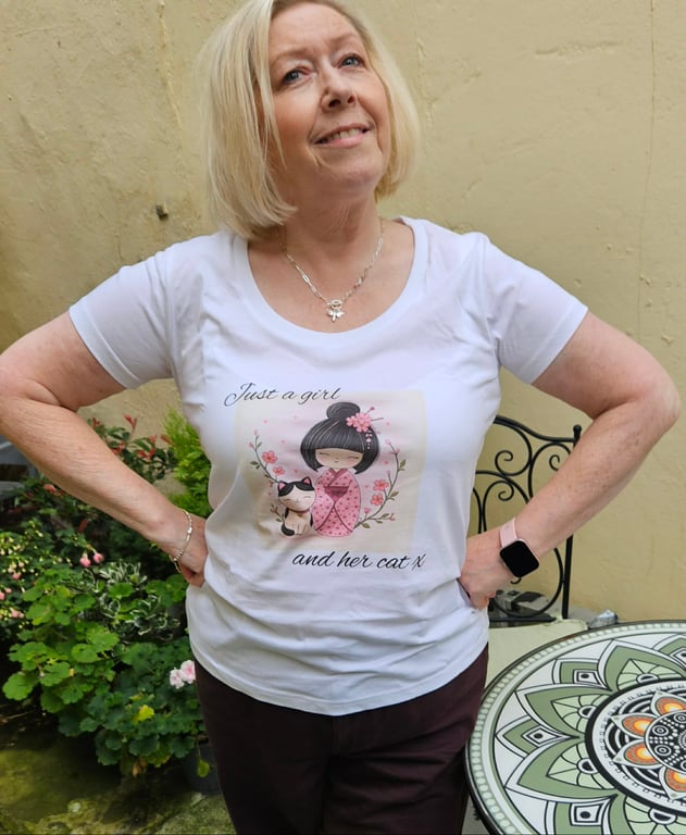 Just a Girl and Her Cat T-Shirt - White Organic Cotton - Whimsical Cat Lover Gif