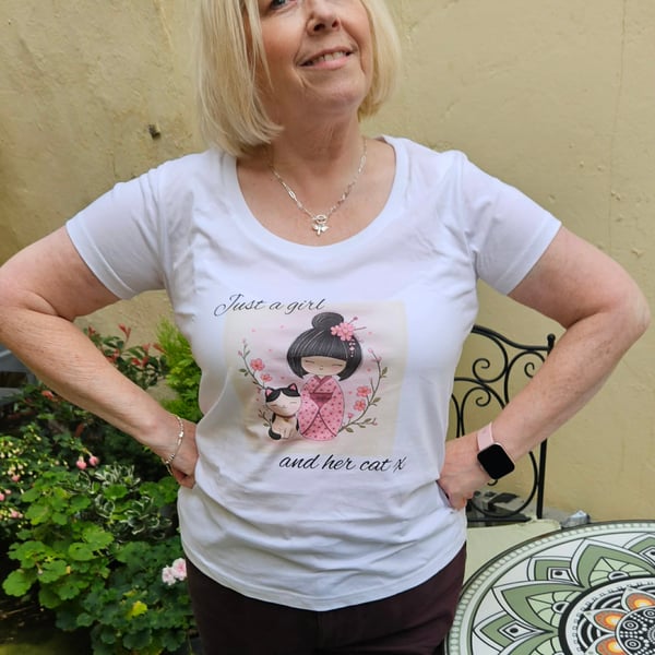 Just a Girl and Her Cat T-Shirt - White Organic Cotton - Whimsical Cat Lover Gif