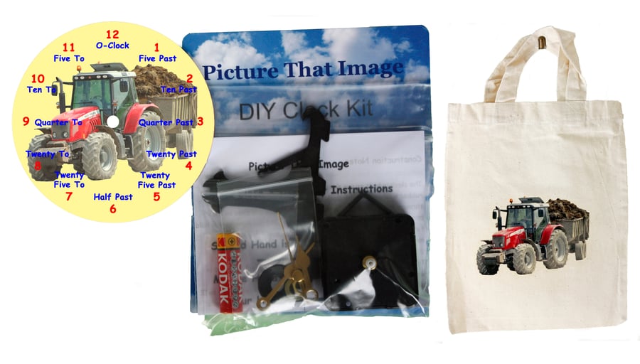 DIY 12cm Clock Kit Gift Set - Tractor with words and numbers in Canvas Gift Bag 
