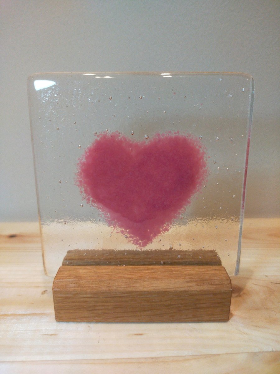 Fused glass heart on oak stand. Ideal for Valentine