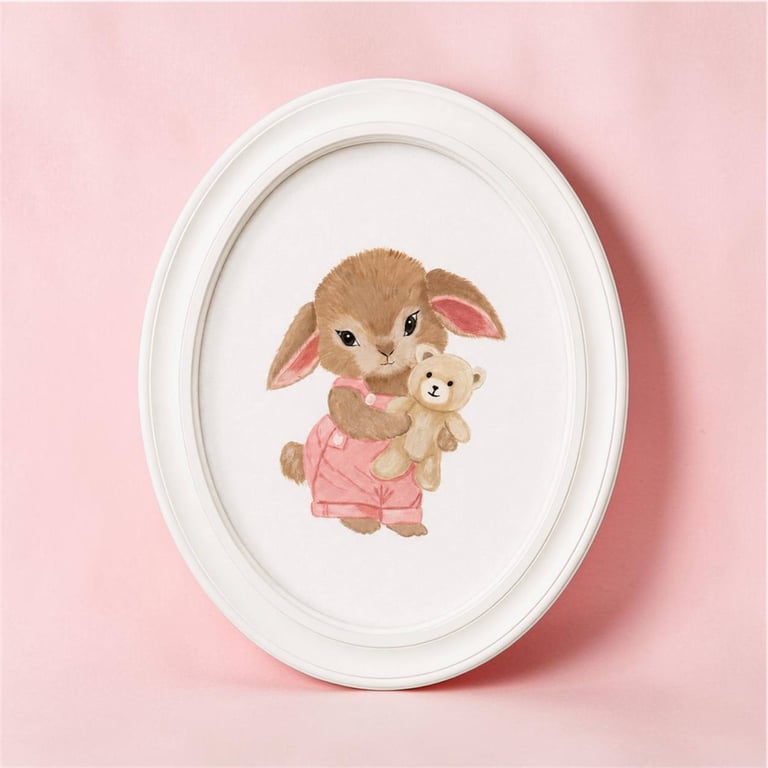 Hand-Painted Bunny Wall Art, Framed Oval Acrylic Bunny Pink Nursery Decor