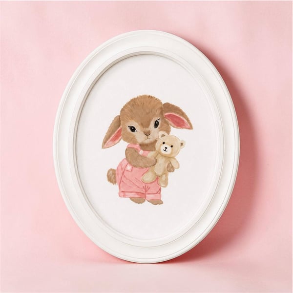 Hand-Painted Bunny Wall Art, Framed Oval Acrylic Bunny Pink Nursery Decor
