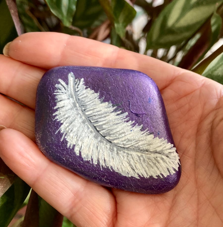 Emotional Support White Angel Feather Hand Painted Touch Stone Rock Art