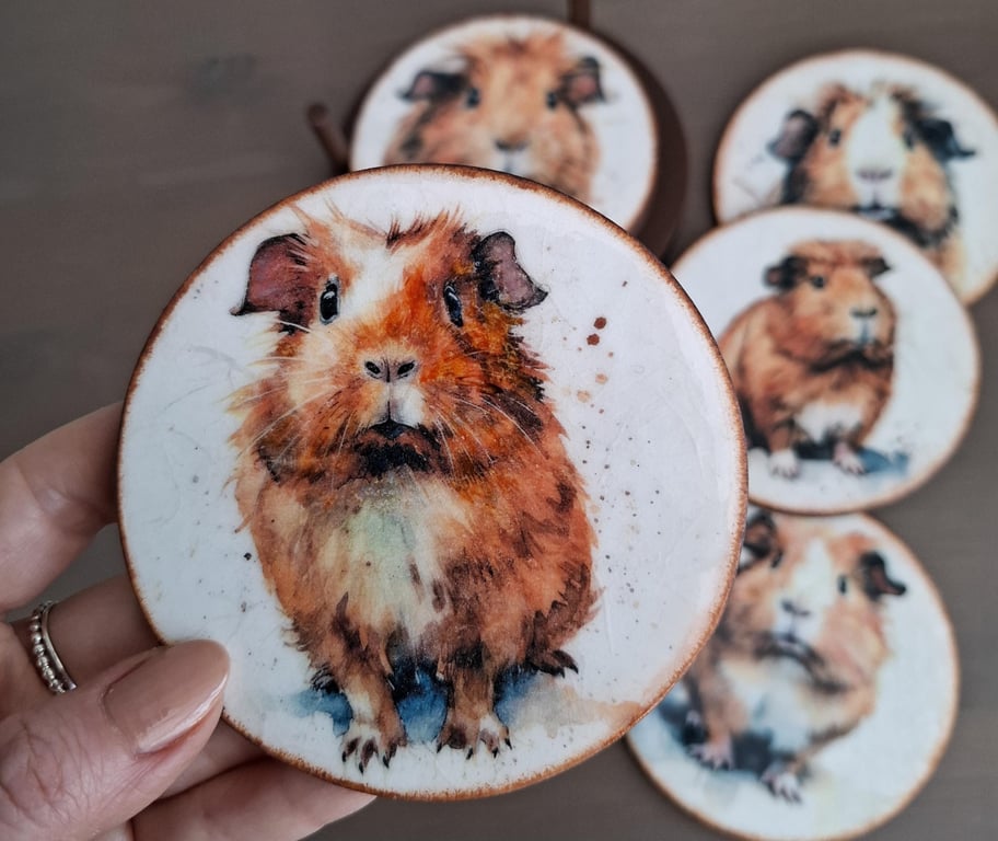 Set of 6 Wooden Coasters, Guinea Pig Decoupage Art, Drinks Mats with Holder