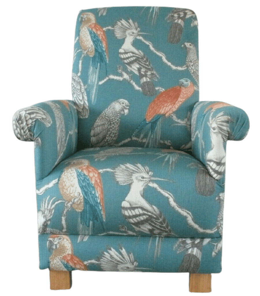 Aviary Garden Fabric Adult Chair Armchair Teal Orange Green Parrot Accent Small