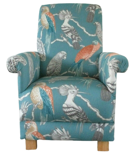 Aviary Garden Fabric Adult Chair Armchair Teal Orange Green Parrot Accent Small