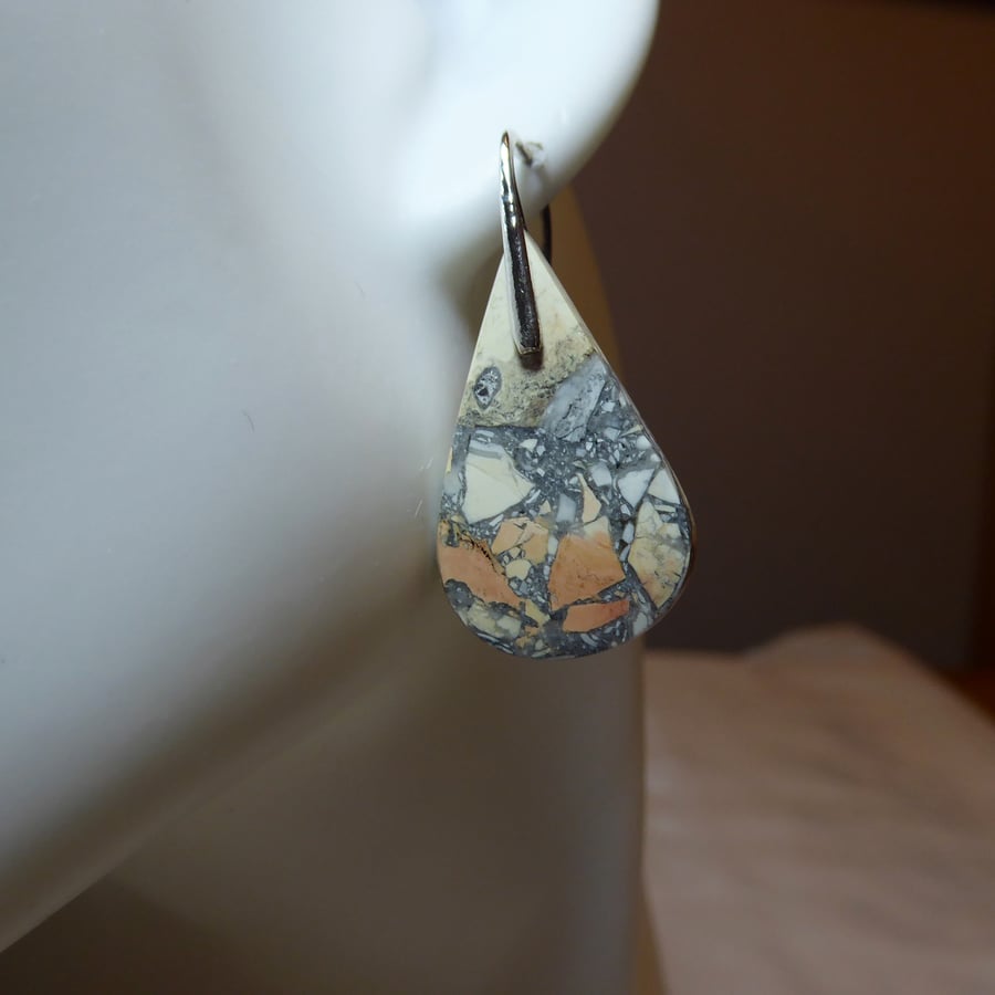 Pair of Sterling Silver & Teardrop Maligano Jasper Gemstone Earrings