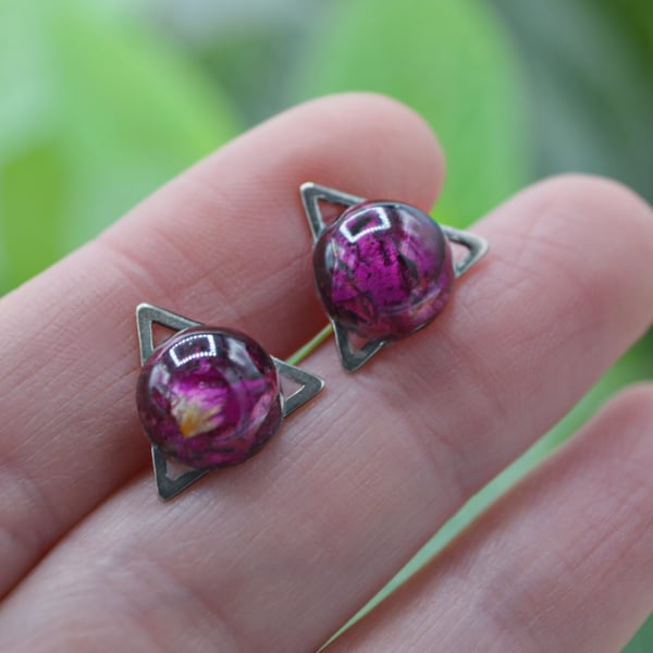 Purple Rose Petal Triangle Stud Earrings - Free Postage