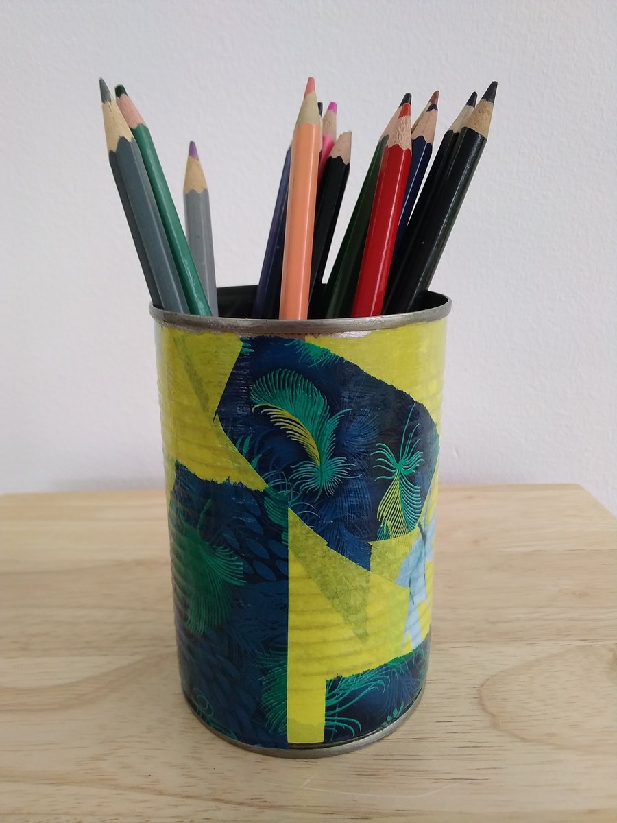 Upcycled Decoupaged Tin – Yellow Floral & Peacock Blue Mixed Design