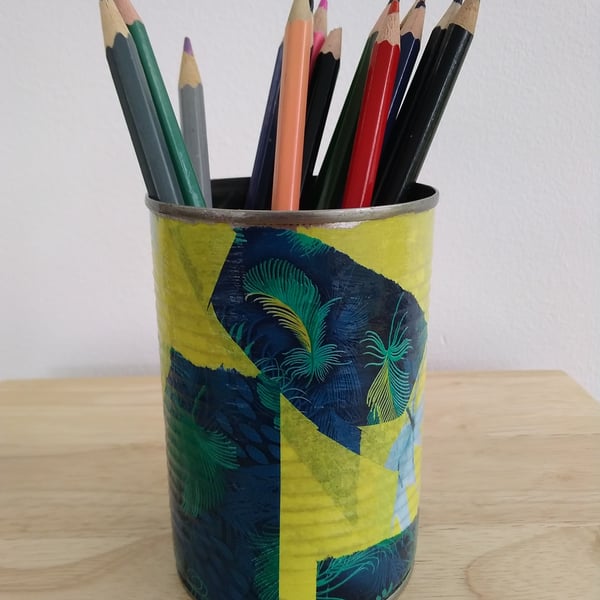 Upcycled Decoupaged Tin – Yellow Floral & Peacock Blue Mixed Design