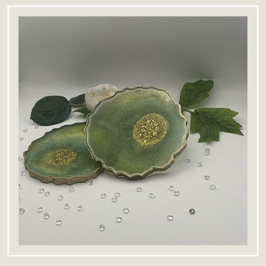 Perfectly Imperfect Handmade Resin Geode Style Coaster Green Gold