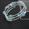 Blue gemstone & pearl wire wrap bracelet, with agates, aquamarine & quartz