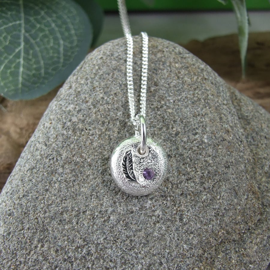 Silver Pebble Pendant with Feather and Amethyst, Recycled Silver Necklace