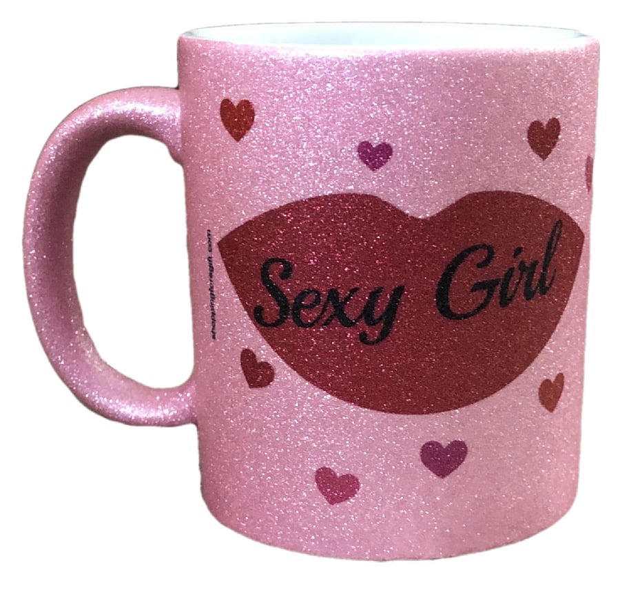 Pink Glitter "Sexy Girl" Mug. Mugs for girlfriends, wife on birthdays, Christmas