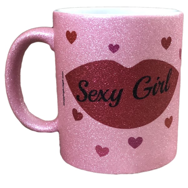 Pink Glitter "Sexy Girl" Mug. Mugs for girlfriends, wife on birthdays, Christmas