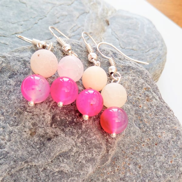 Fuchsia Fluorite and White Cracked Agate Beaded Earrings, Gift for Her, Earrings