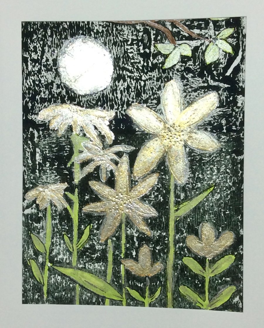 Card, printed and foiled, original art, silvery flowers