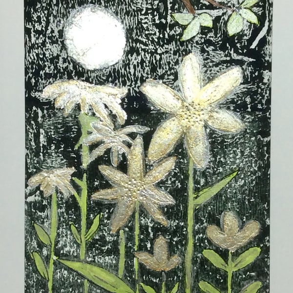 Card, printed and foiled, original art, silvery flowers
