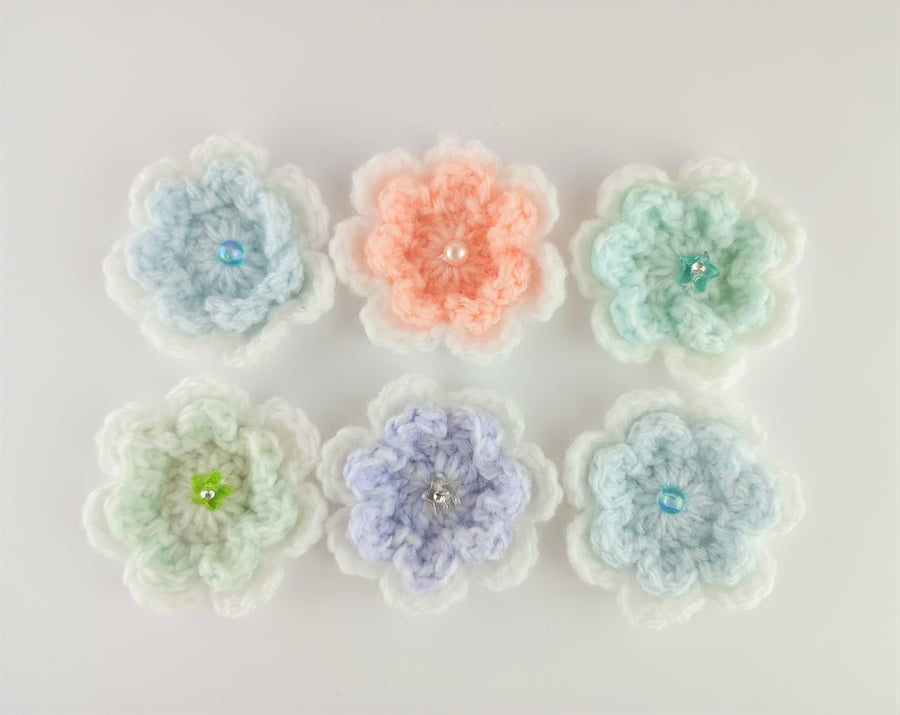 Crochet flowers in pastel colours -  6 crochet flowers with bead embellishment