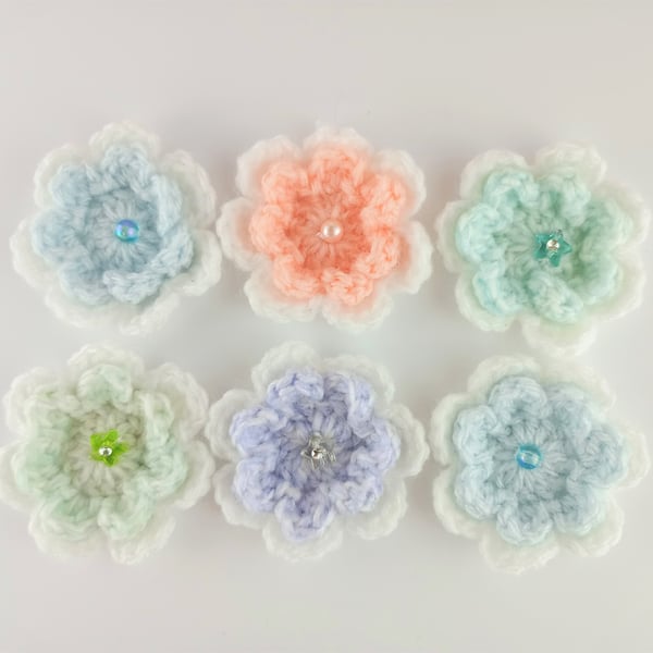 Crochet flowers in pastel colours -  6 crochet flowers with bead embellishment
