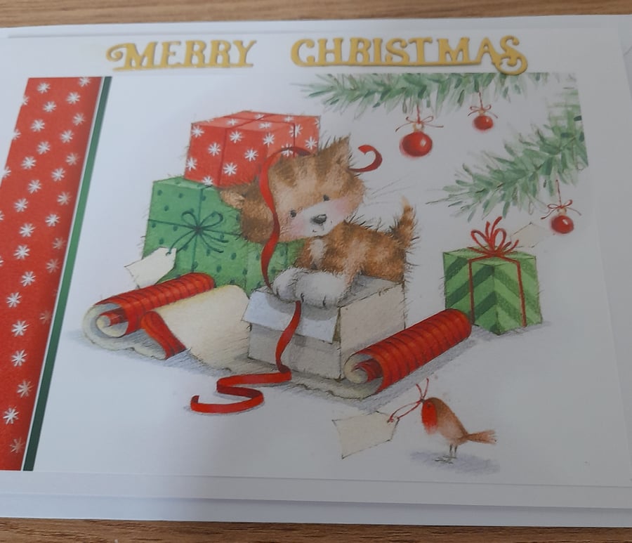 CUTE MERRY CHRISTMAS HANDMADE CARD WITH A KITTEN AND PRESENTS.