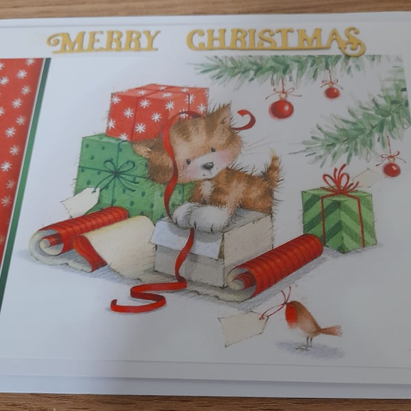 CUTE MERRY CHRISTMAS HANDMADE CARD WITH A KITTEN AND PRESENTS.