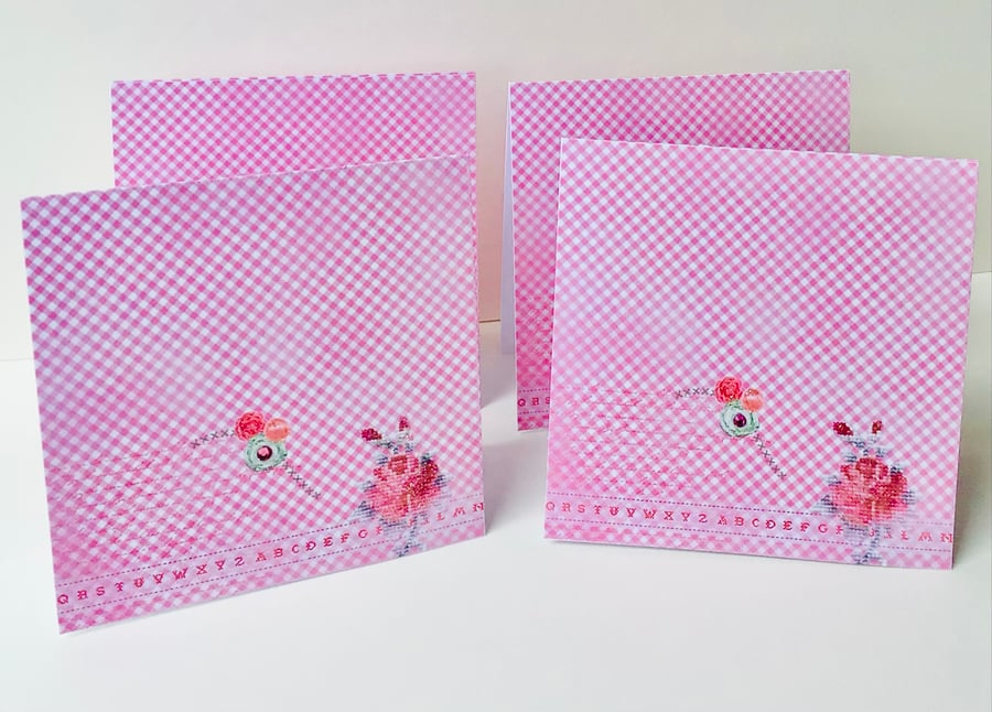 Notecards Pack of Four,Handmade Set of Notecards, Gingham and Cross Stitch Rose