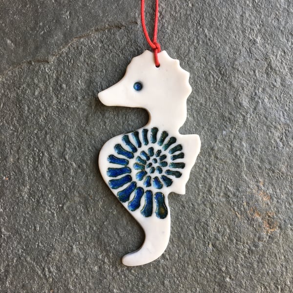 Sea Horse Scandi Nordic Christmas decoration The Porcelain Menagerie blue green