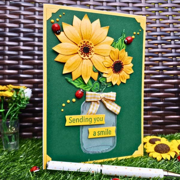 Sending You A Smile Sunflower Greeting Card in Yellow & Green For Many Occasions