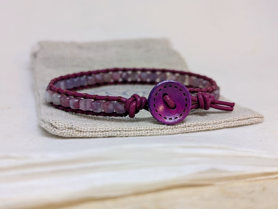 Pink tourmaline and leather bracelet, October birthstone