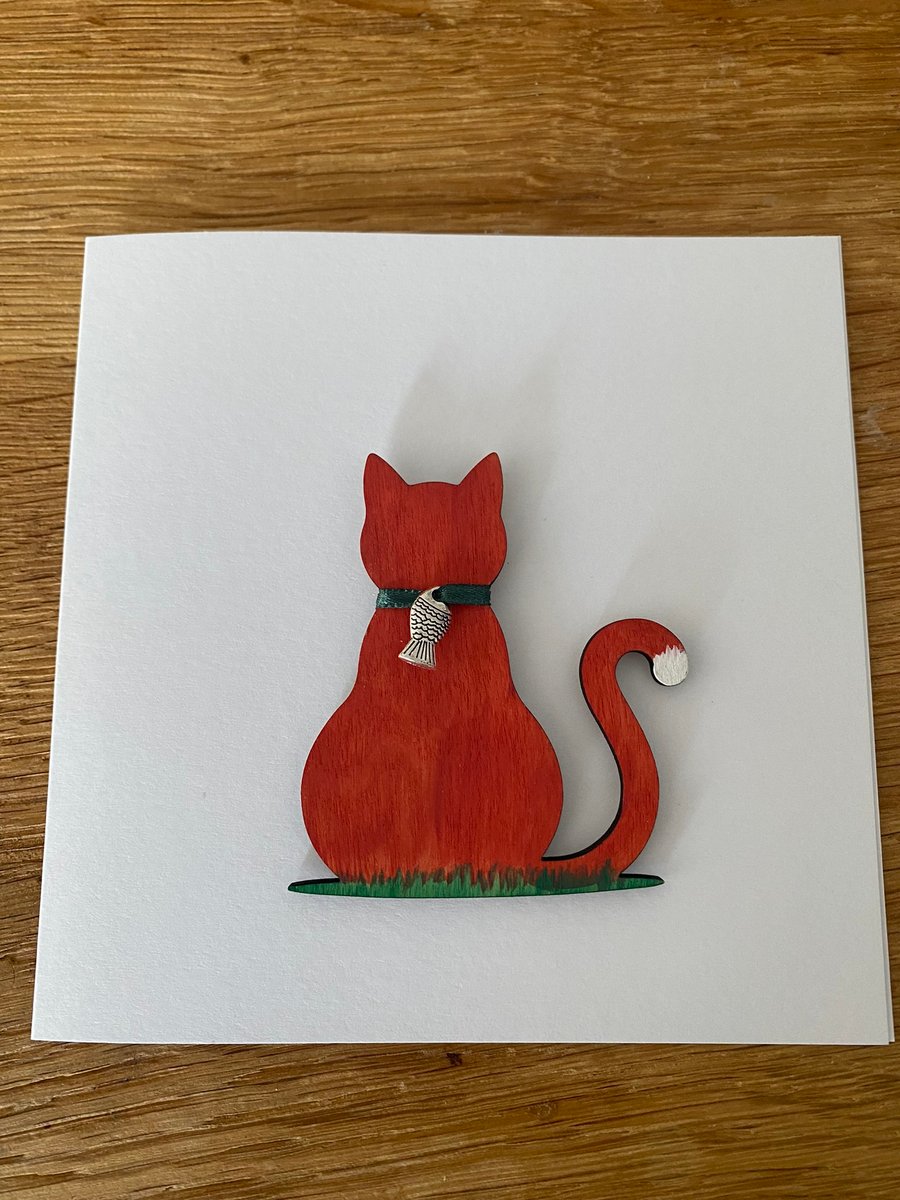 Handmade greeting card with ginger cat & fish charm