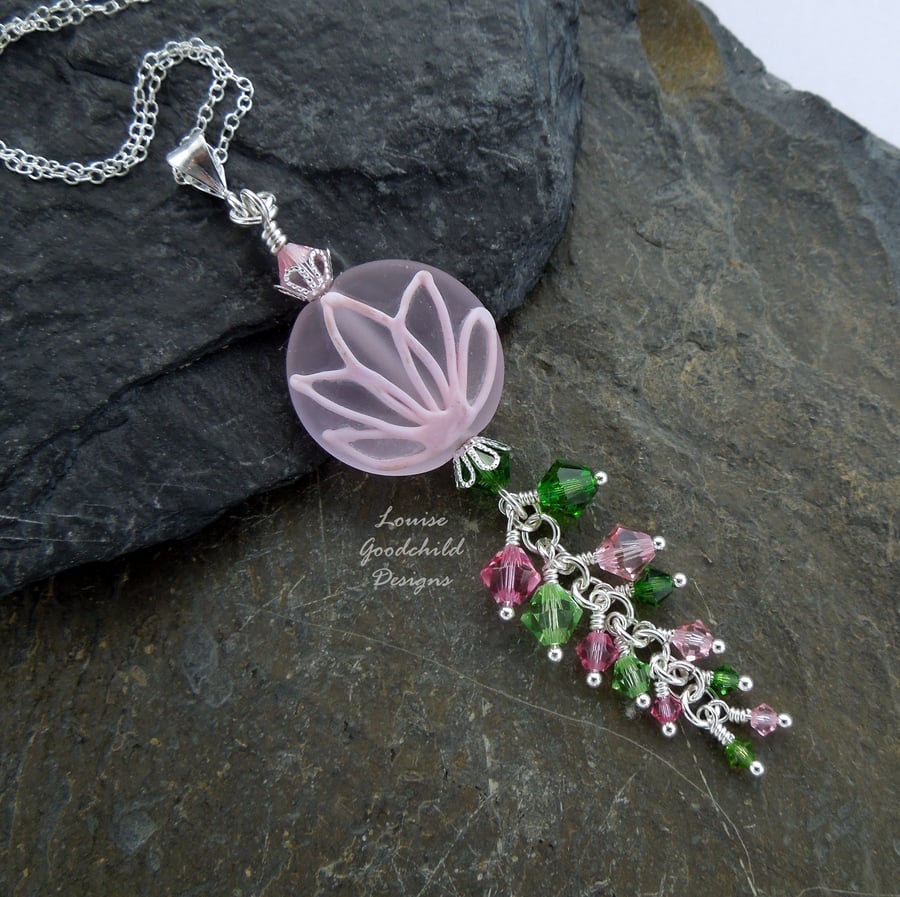 Water lily necklace, pink lotus flower necklace, waterfall, crystals, waterlily