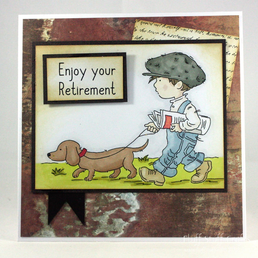 Handmade retirement card - walking the dog