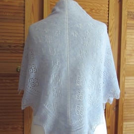 Hand knitted blue 2ply lace Shetland shawl 30" x 57"