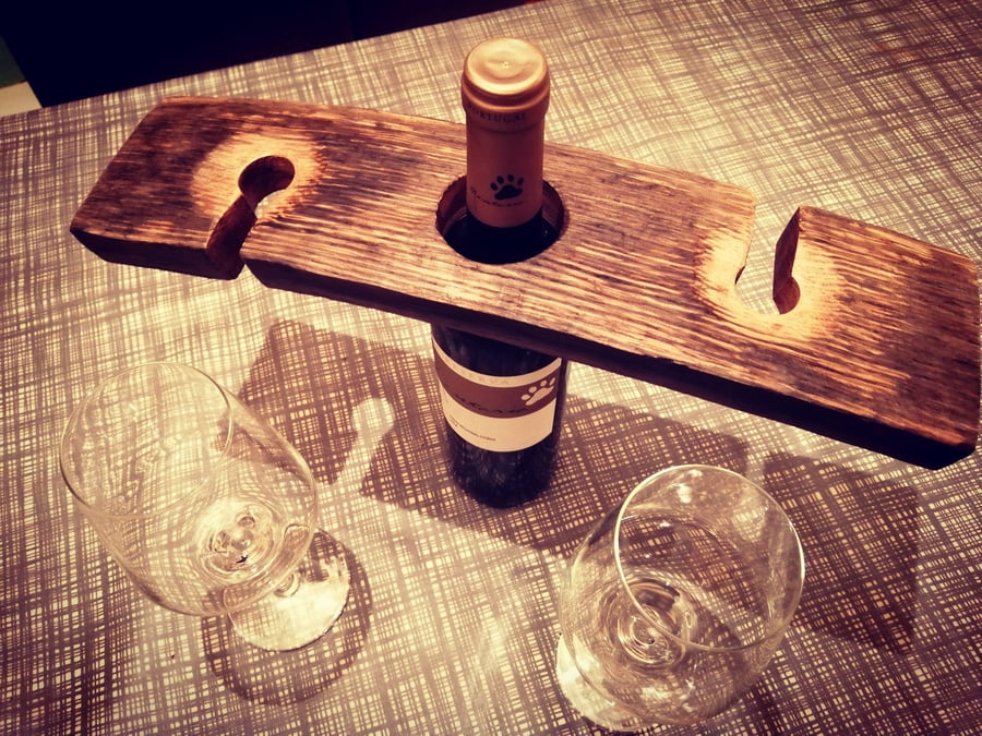 Wine Bottle and Glass Holder made from Whisky Barrel Stave