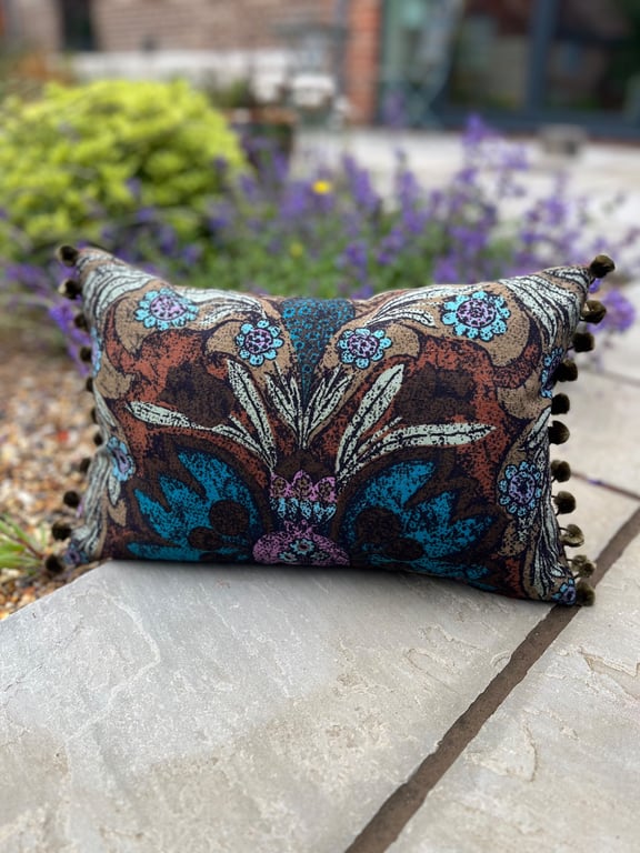 Vintage Sanderson Iliad linen cushion cover with pompoms