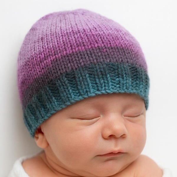 Purple and Blue Baby Hat Hand Knitted with Self-Striping Yarn