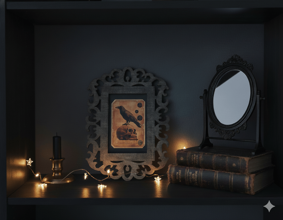 Ornate Wooden Frame with Skull and Crow Art – Gothic Wall Decor – 16cm x 12cm 