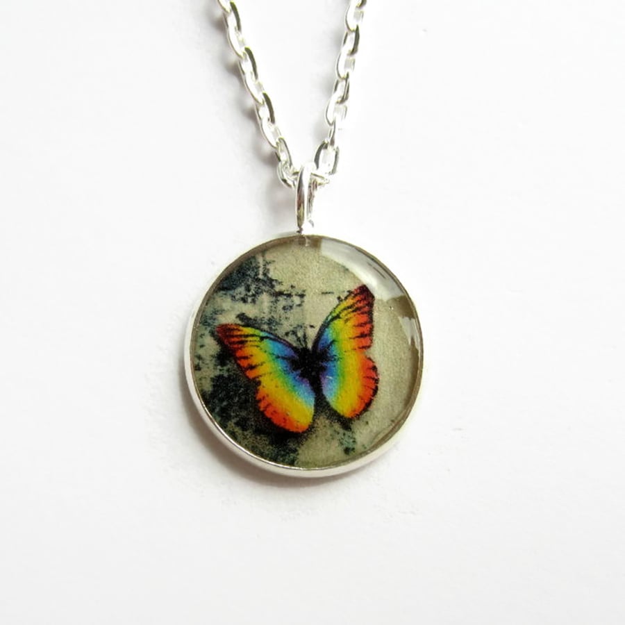 Small Rainbow Butterfly Necklace, Butterfly Picture Pendant, 18mm