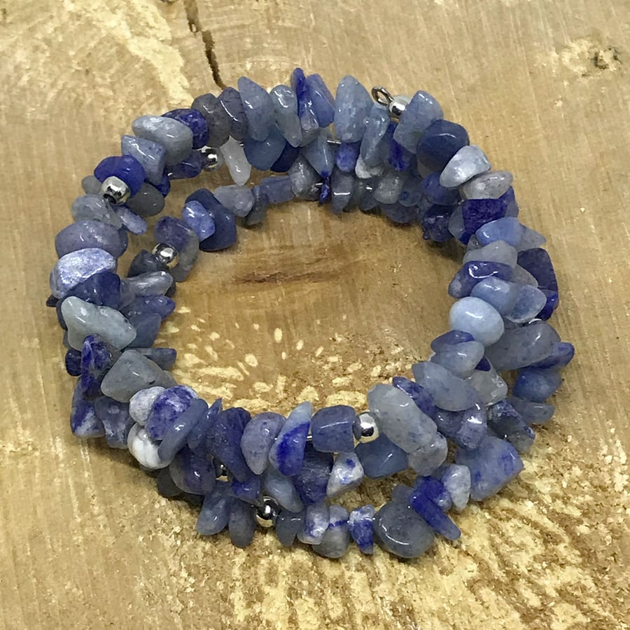 Blue Aventurine Adjustable Gemstone Memory Wire Wrap Bracelet (Made To Order)