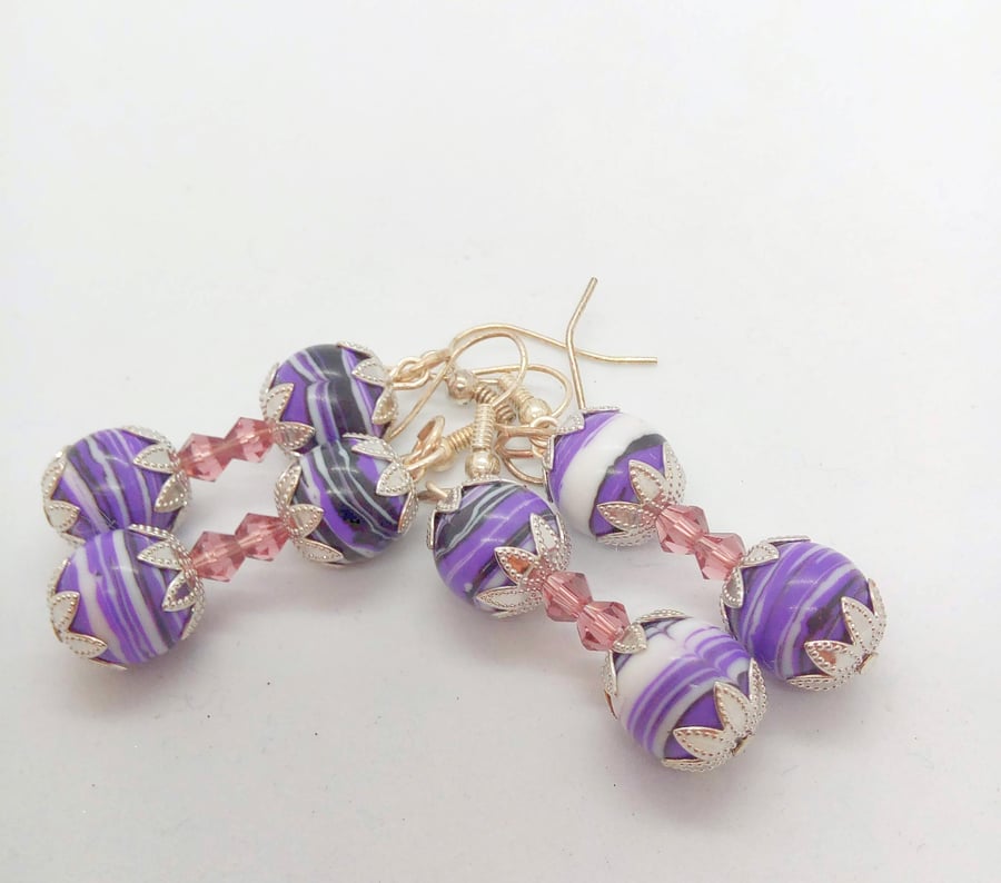 Purple Agate Bead and Two Lilac Crystal Bead Earrings for Pierced Ears