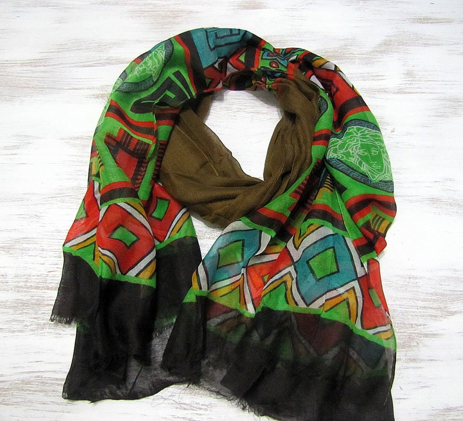 Black brown green ethnic pattern voile cotton shawl wrap handmade accessoriess