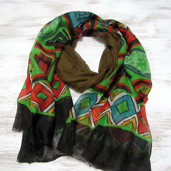 Black brown green ethnic pattern voile cotton shawl wrap handmade accessoriess