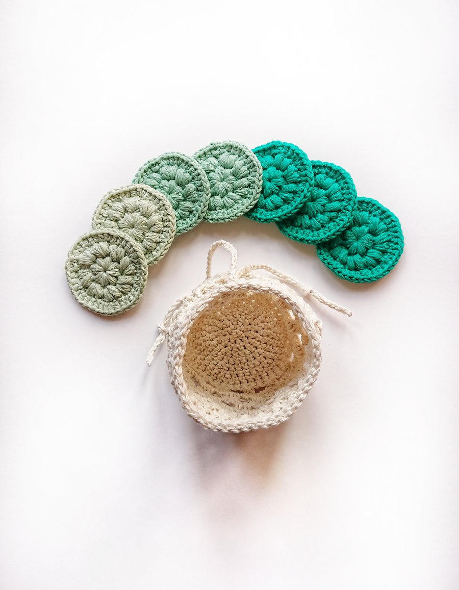 Reusable Cotton Face Pads, Set of x7 with a crocheted bag