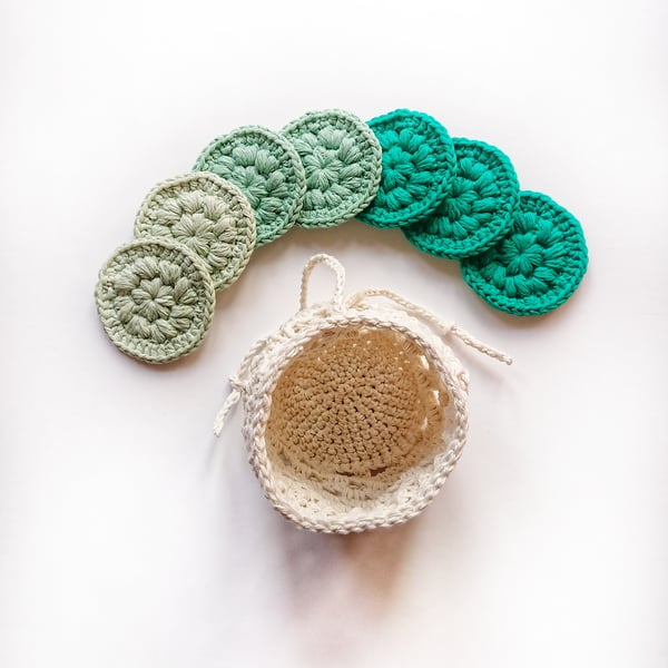 Reusable Cotton Face Pads, Set of x7 with a crocheted bag