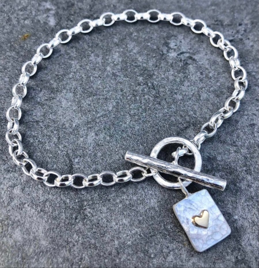 Silver Fob Bracelet, gold heart bracelet, silver toggle bracelet, valentines, 